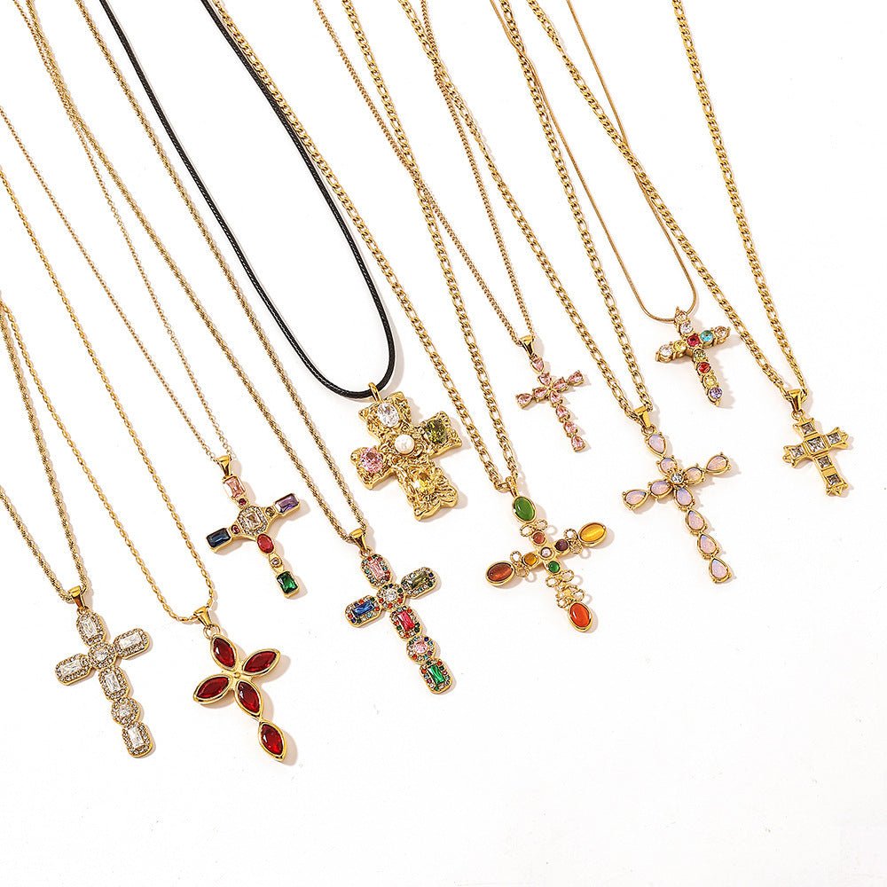 Stainless Steel Cross Necklace with Colorful Crystals