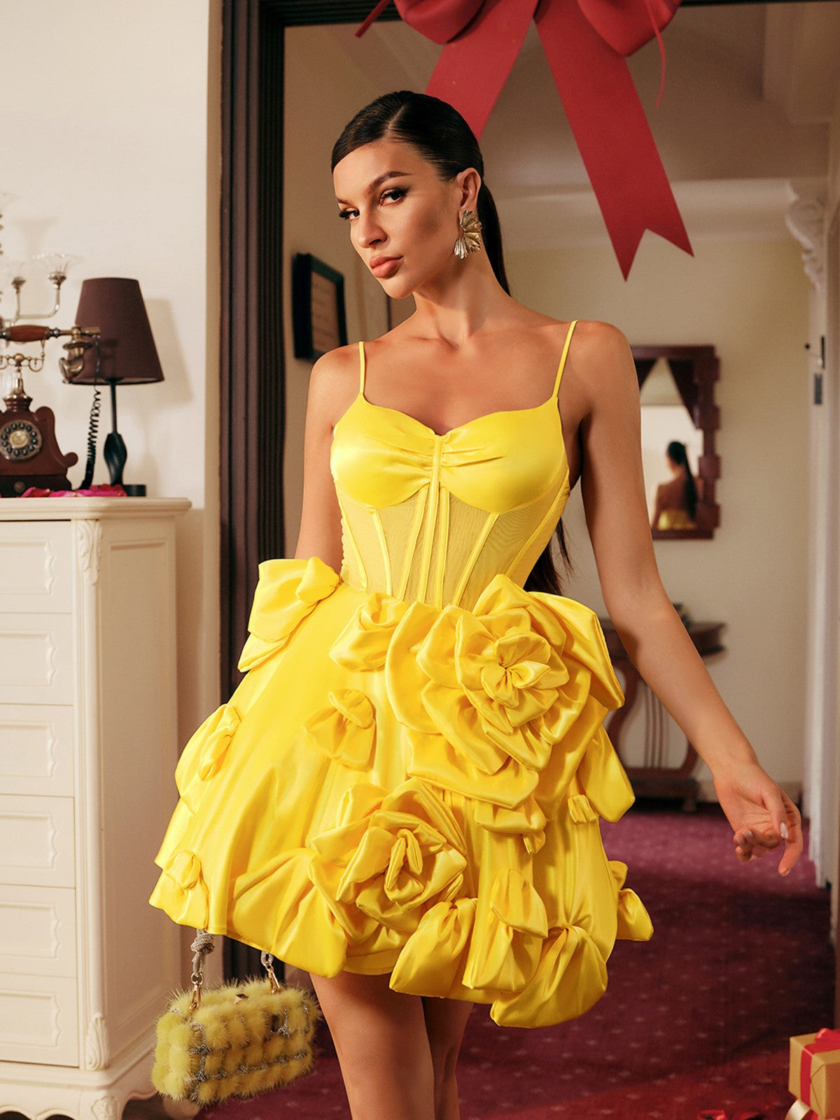 Stanski Spaghetti Flower Satin Mini Dress
