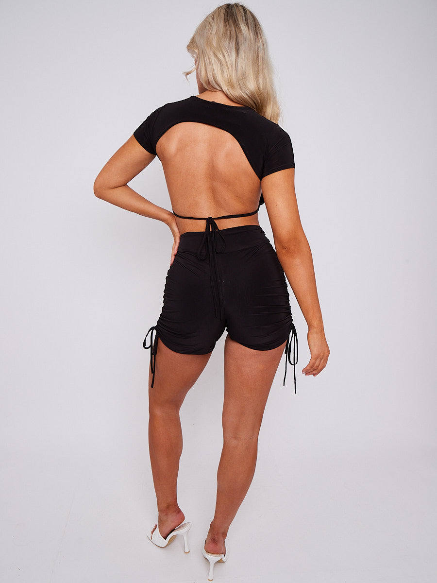 Open Back Crop Top & Crossover Ruched Shorts Co-ord