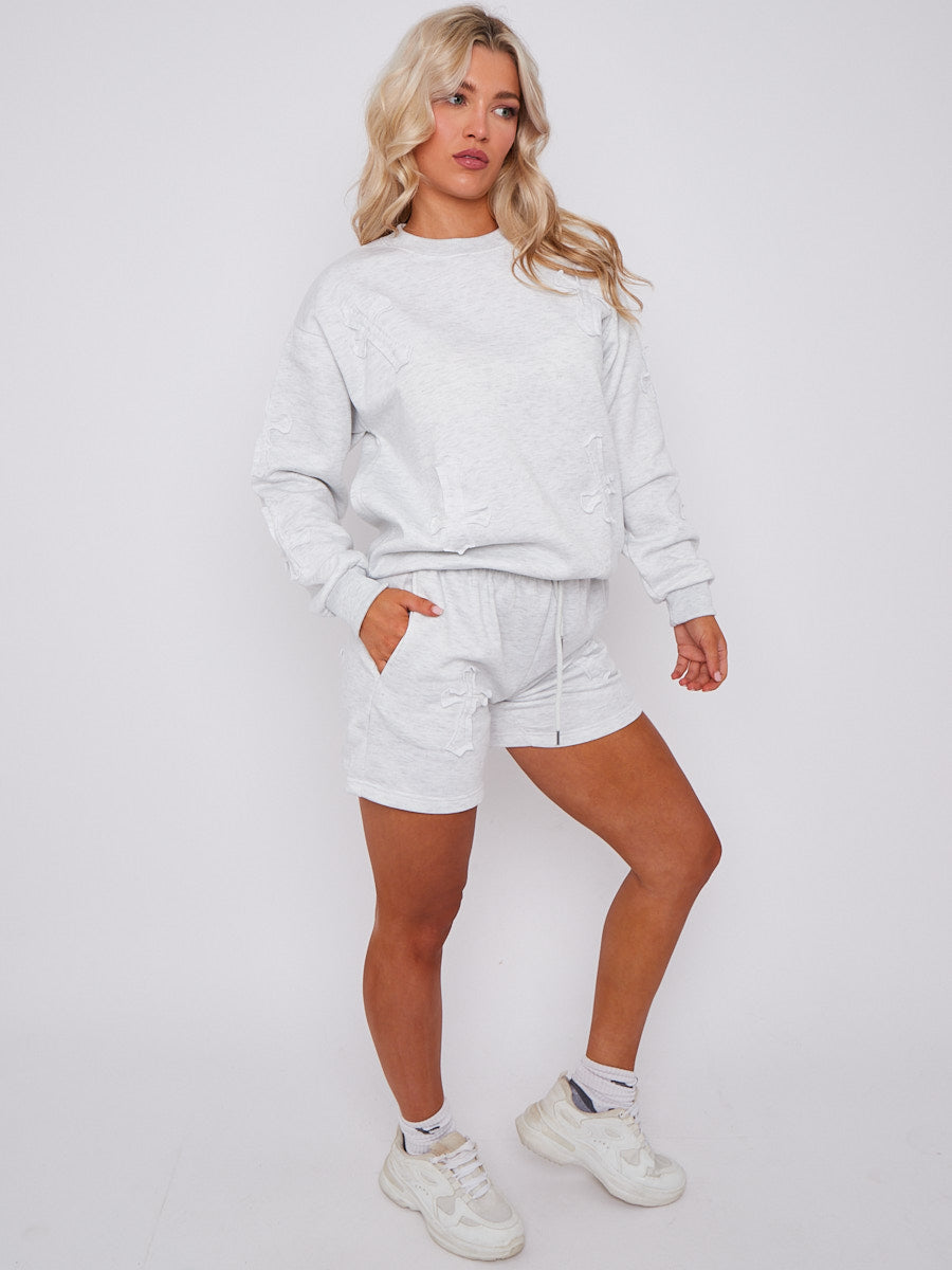 Crucifix Embroidered Sweatshirt & Shorts Fleece Co-ord