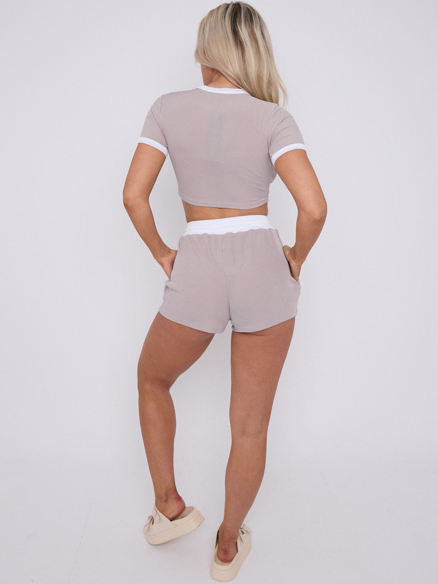 Contrast Trim Ribbed Crop Top & Shorts Co-ord