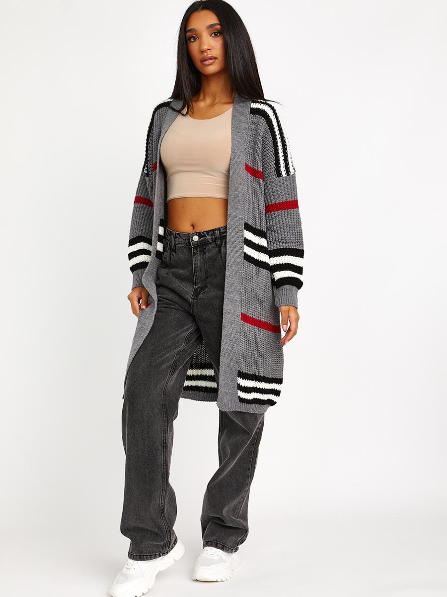 Striped Longline Knitted Open Cardigan