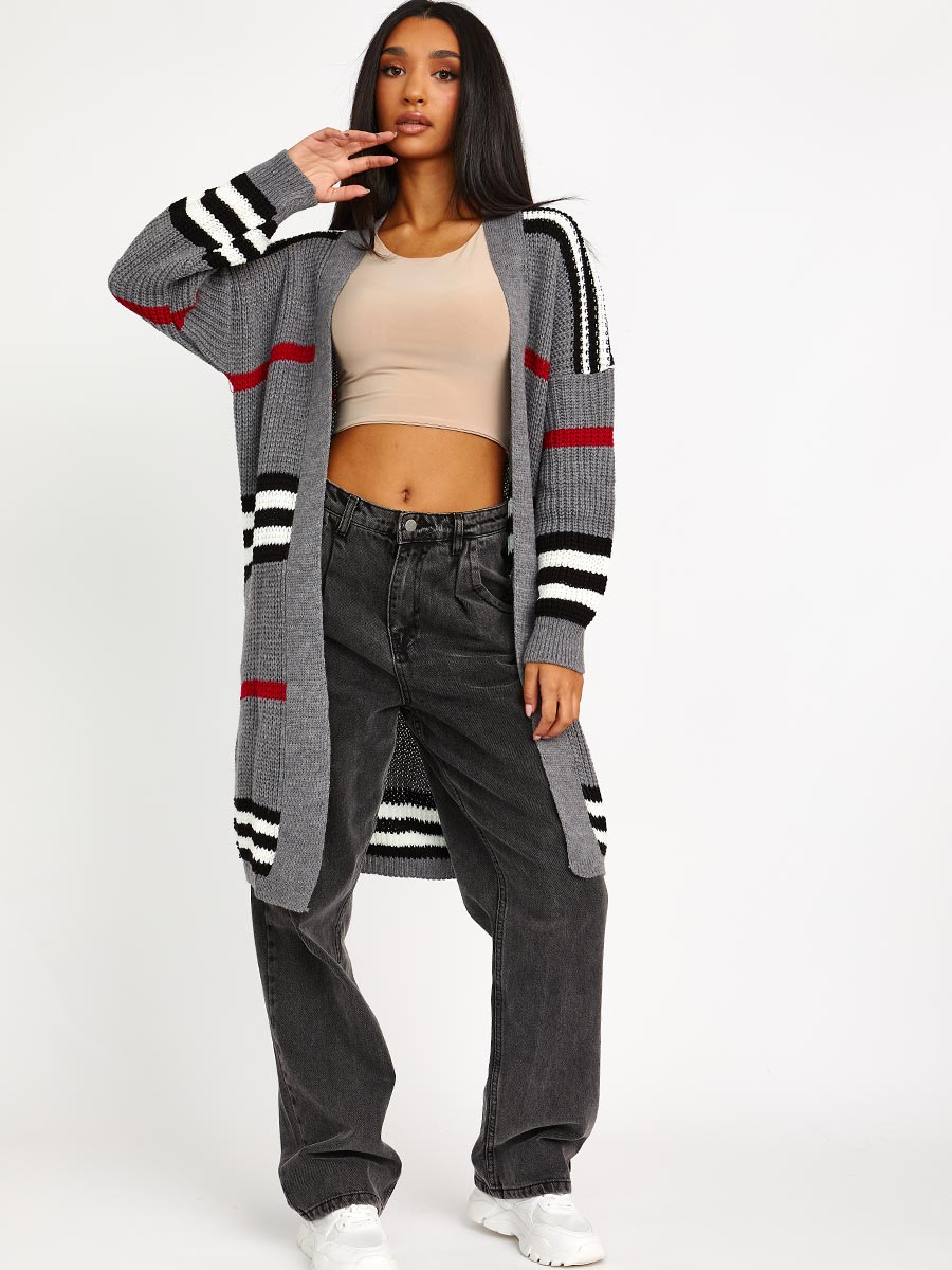 Striped Longline Knitted Open Cardigan