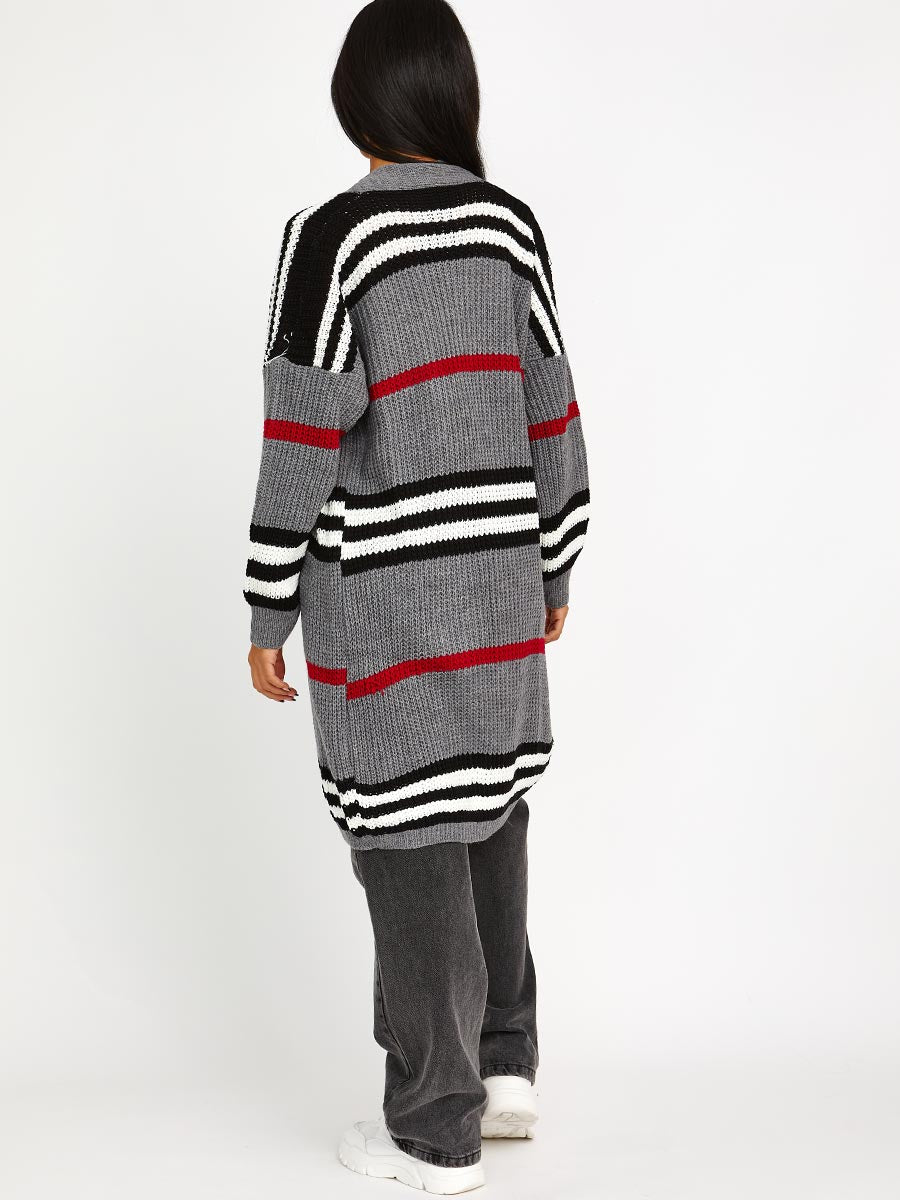 Striped Longline Knitted Open Cardigan