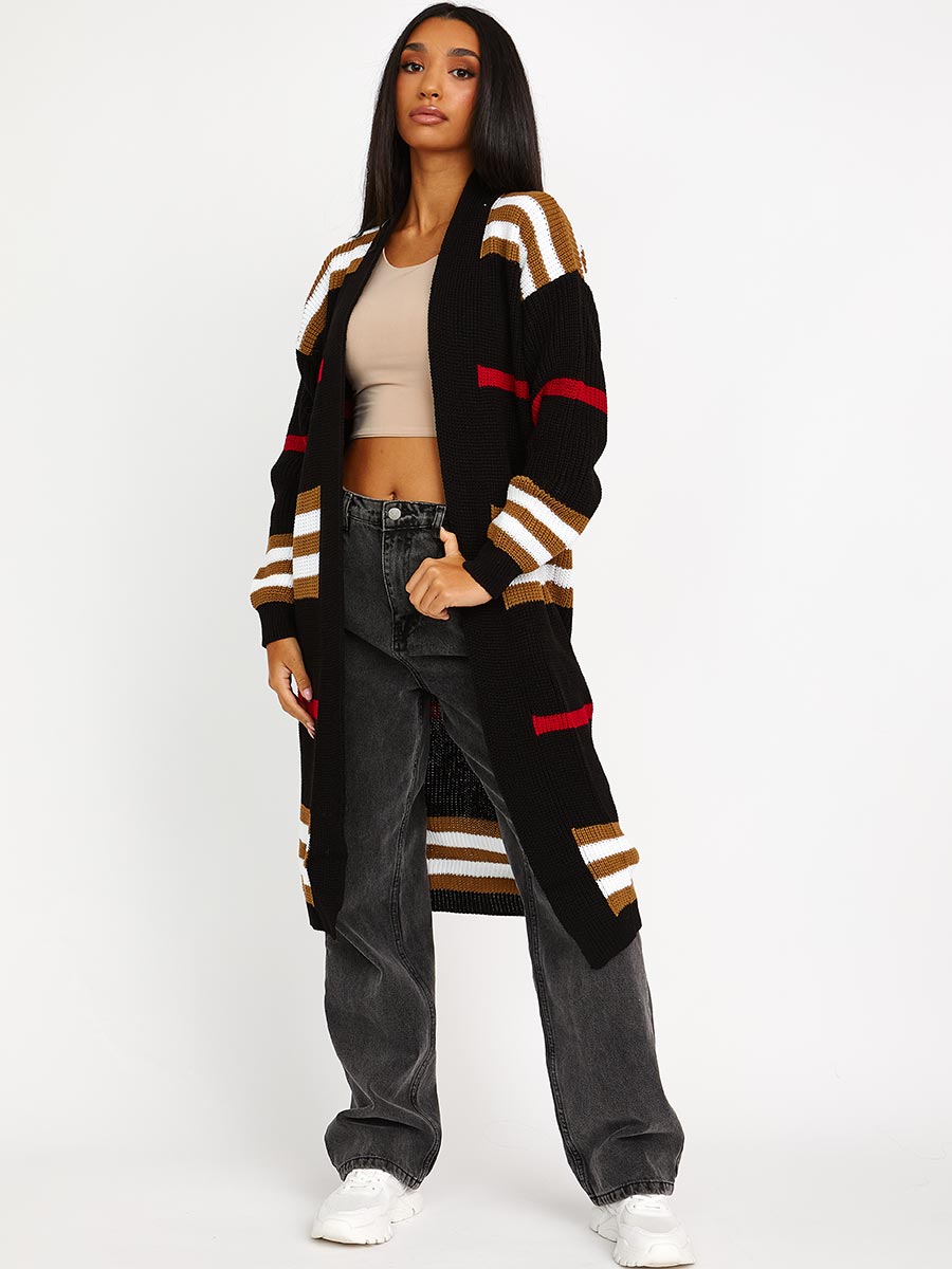 Striped Longline Knitted Open Cardigan