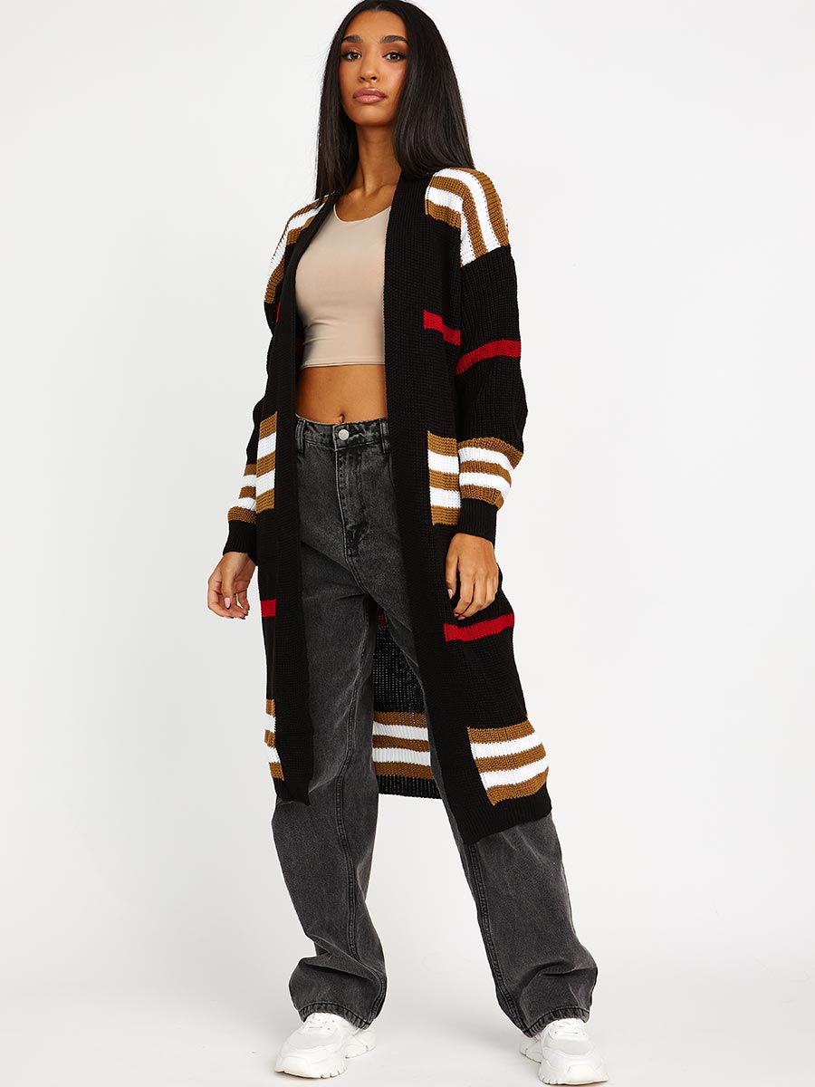 Striped Longline Knitted Open Cardigan