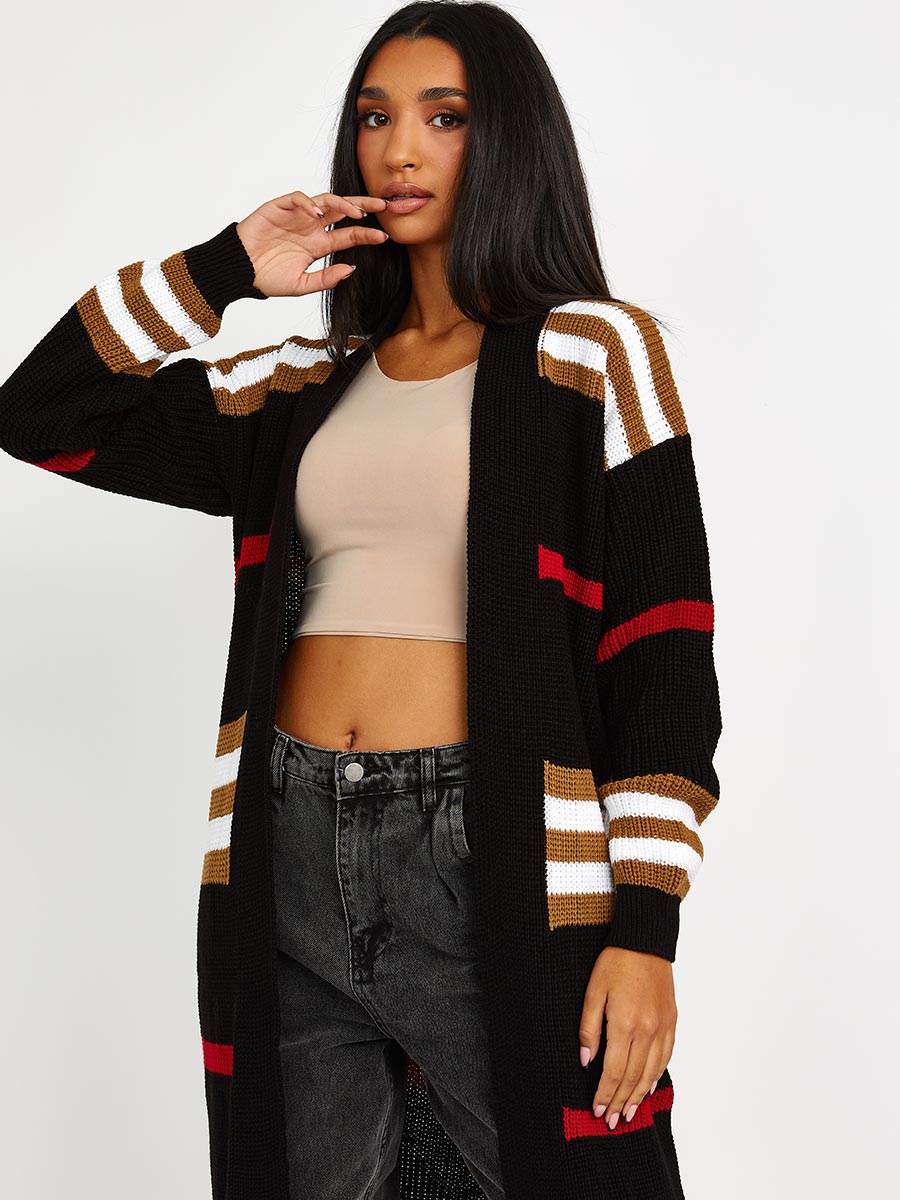 Striped Longline Knitted Open Cardigan