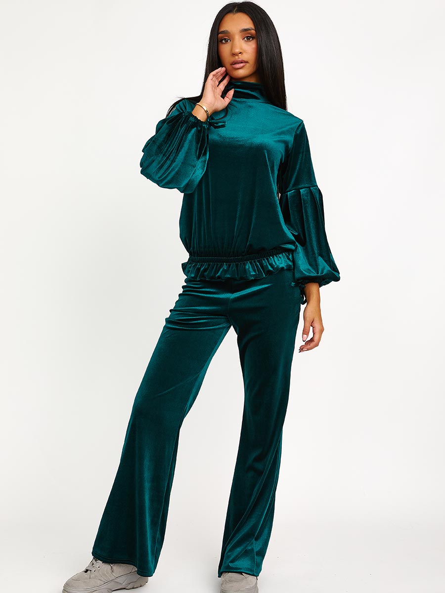 Velour Balloon Sleeve Top & Flare Trouser Co-ord