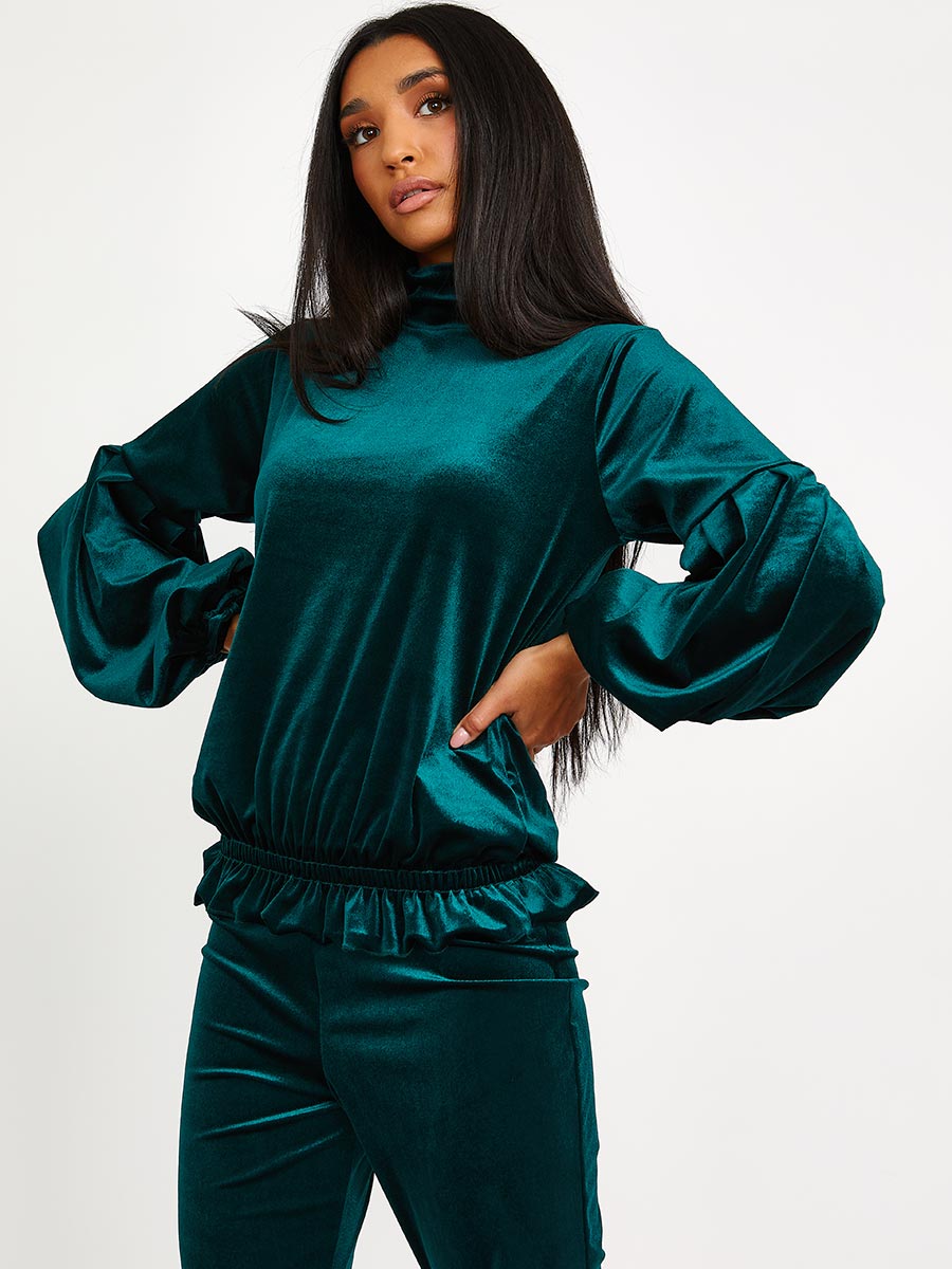 Velour Balloon Sleeve Top & Flare Trouser Co-ord