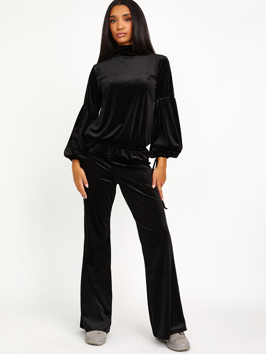 Velour Balloon Sleeve Top & Flare Trouser Co-ord