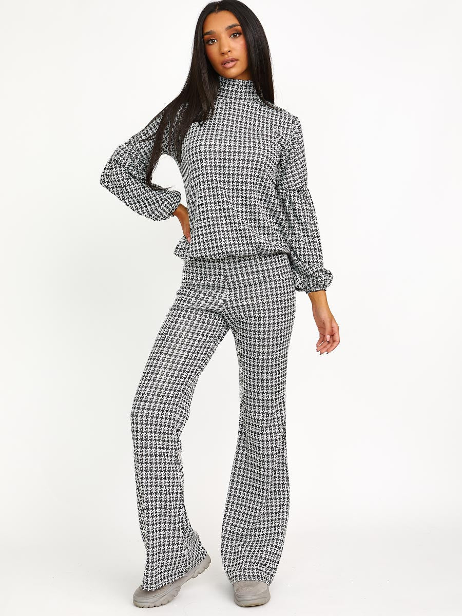 Dogtooth Balloon Sleeve Top & Flare Trouser Co-ord
