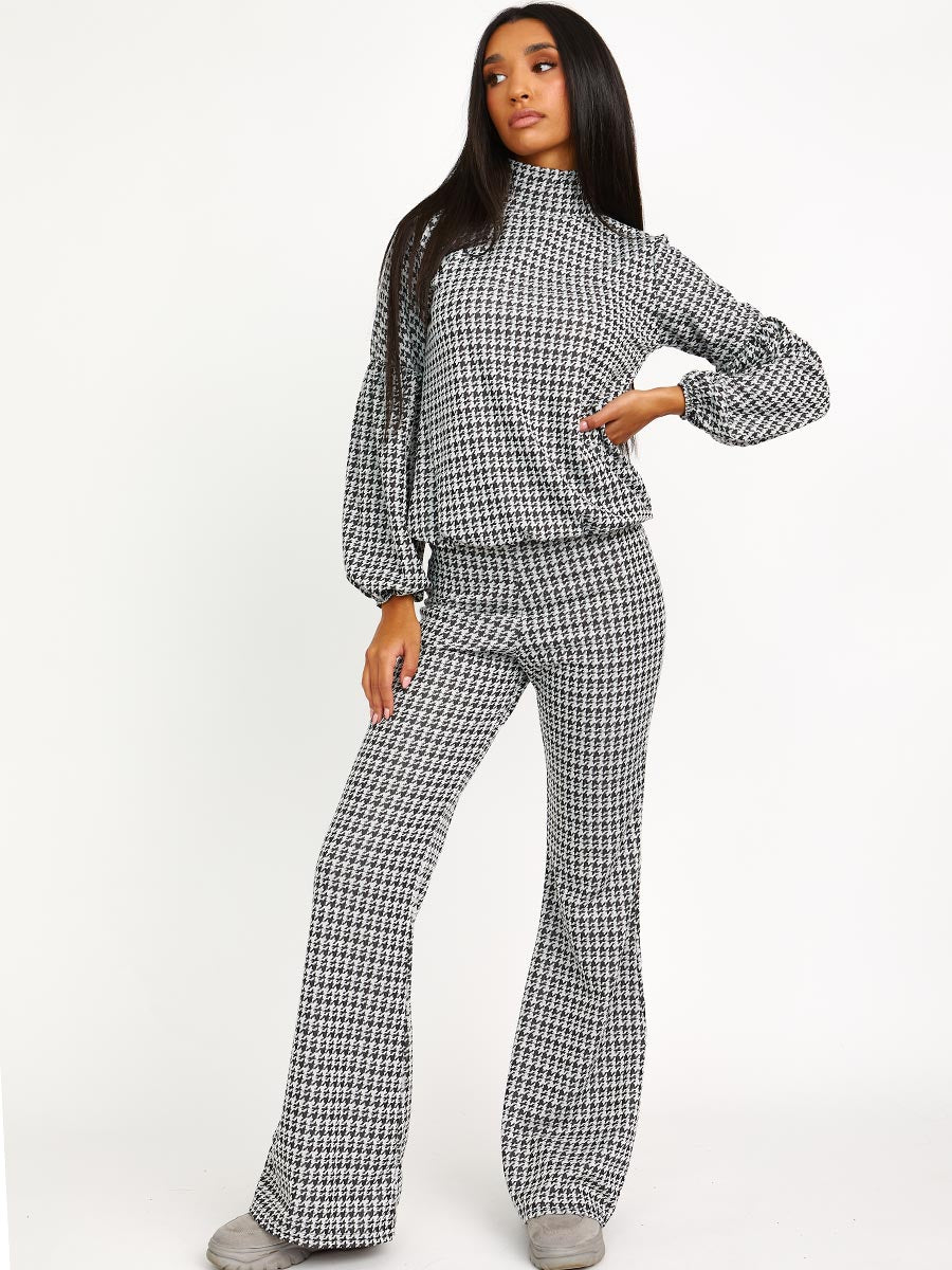 Dogtooth Balloon Sleeve Top & Flare Trouser Co-ord