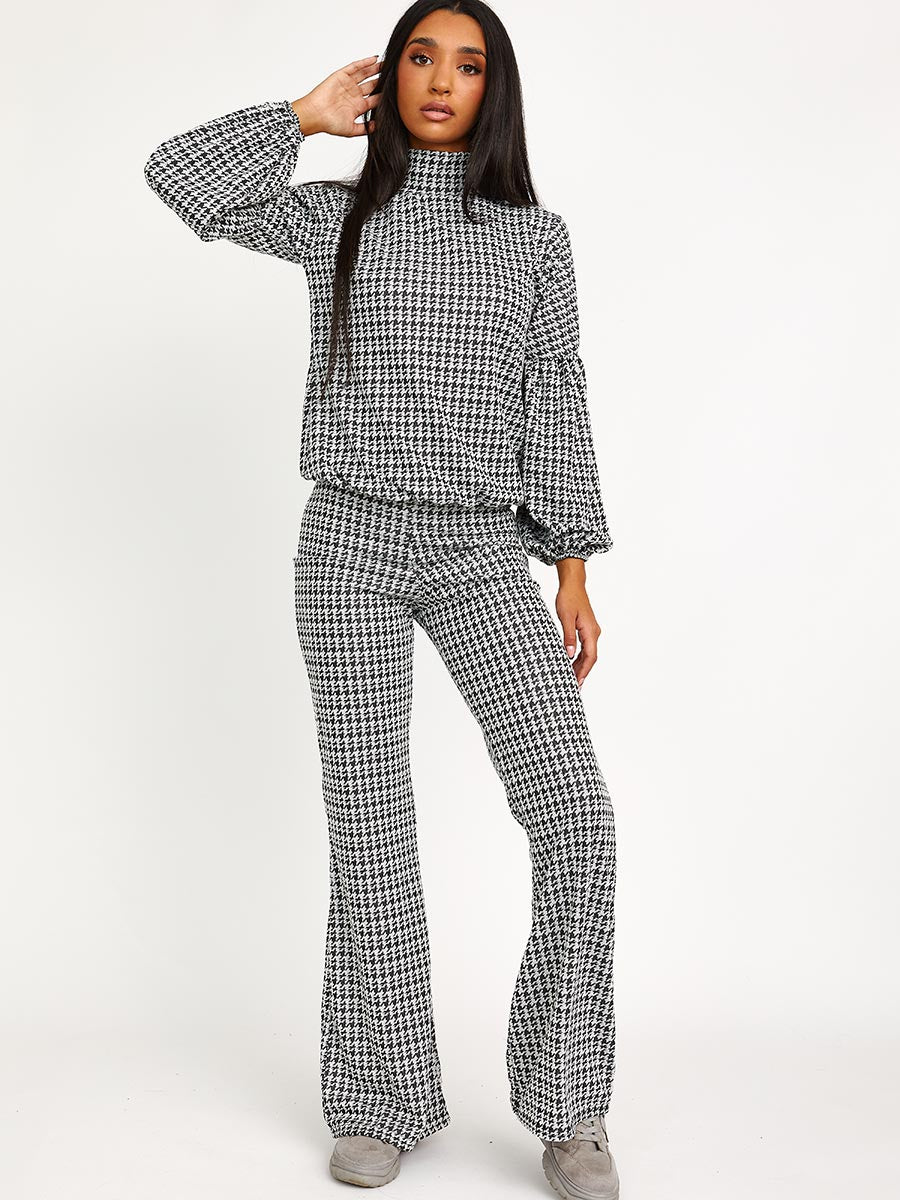 Dogtooth Balloon Sleeve Top & Flare Trouser Co-ord
