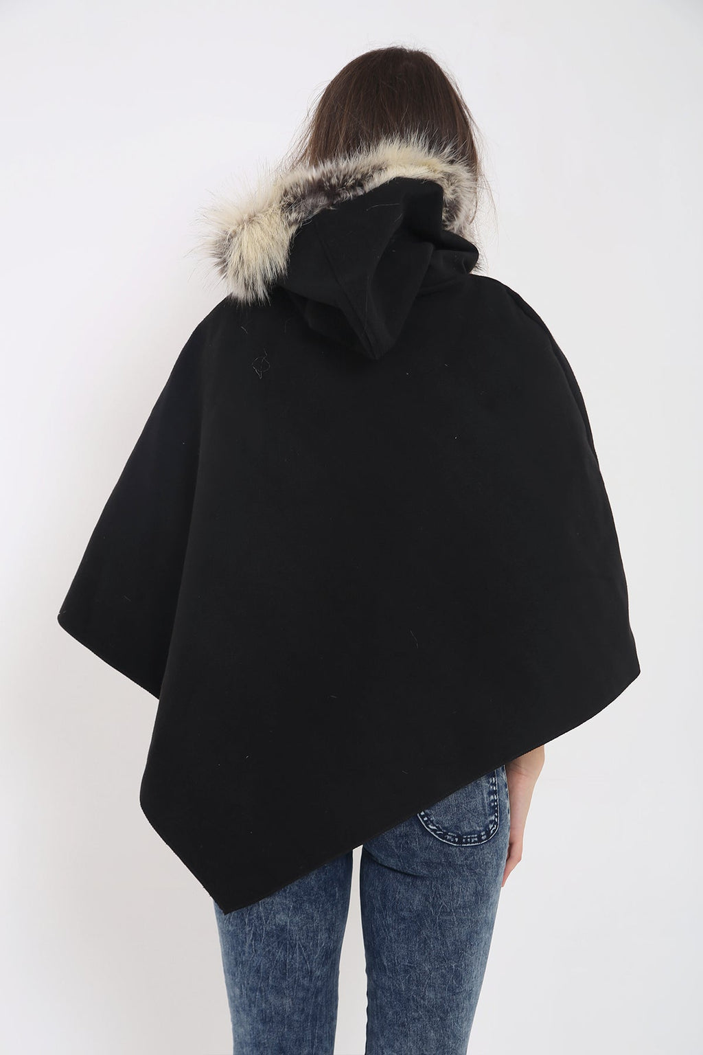 Floral Embroidered Faux Fur Hooded Poncho