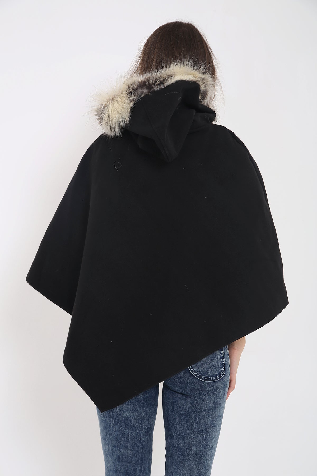 Floral Embroidered Faux Fur Hooded Poncho