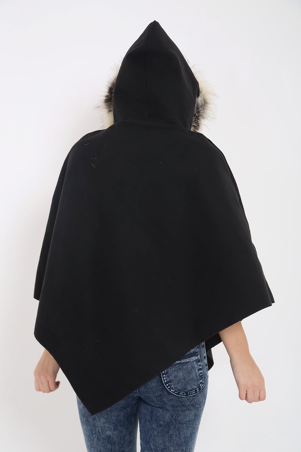 Floral Embroidered Faux Fur Hooded Poncho