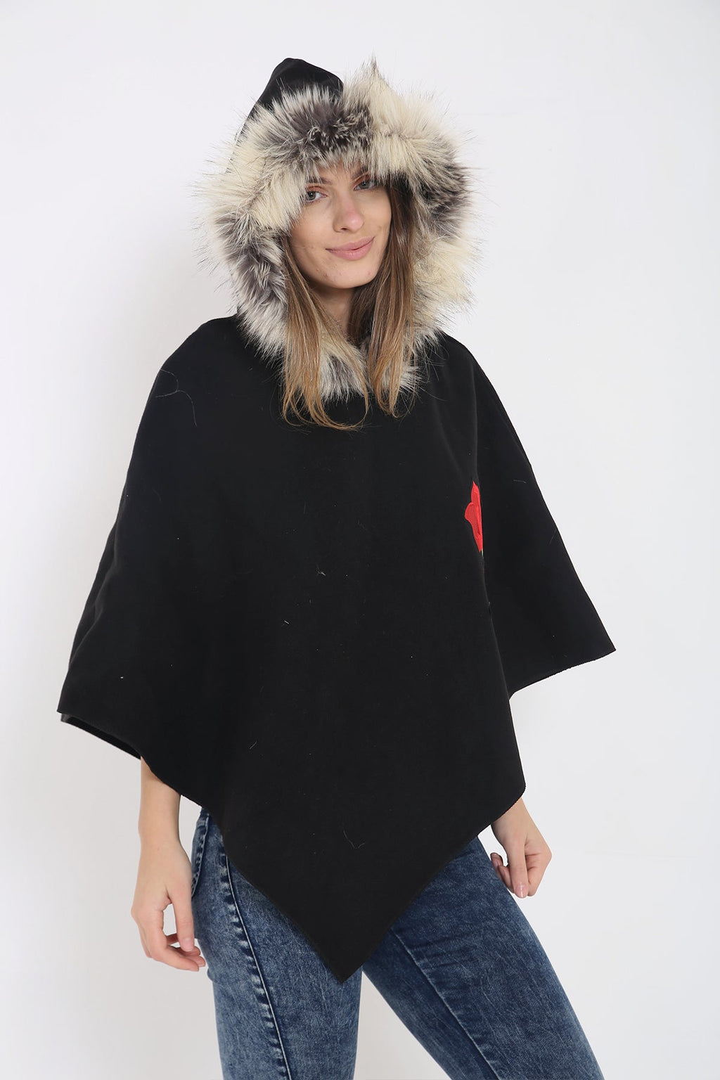 Floral Embroidered Faux Fur Hooded Poncho