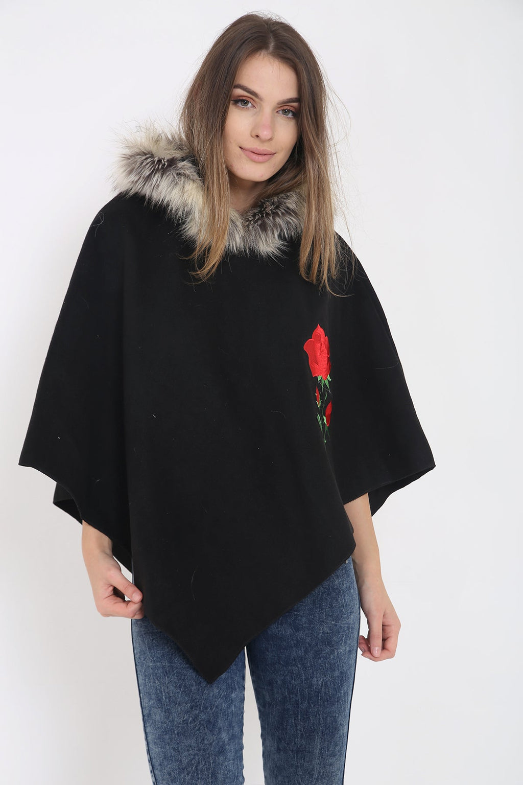 Floral Embroidered Faux Fur Hooded Poncho