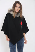 Floral Embroidered Faux Fur Hooded Poncho