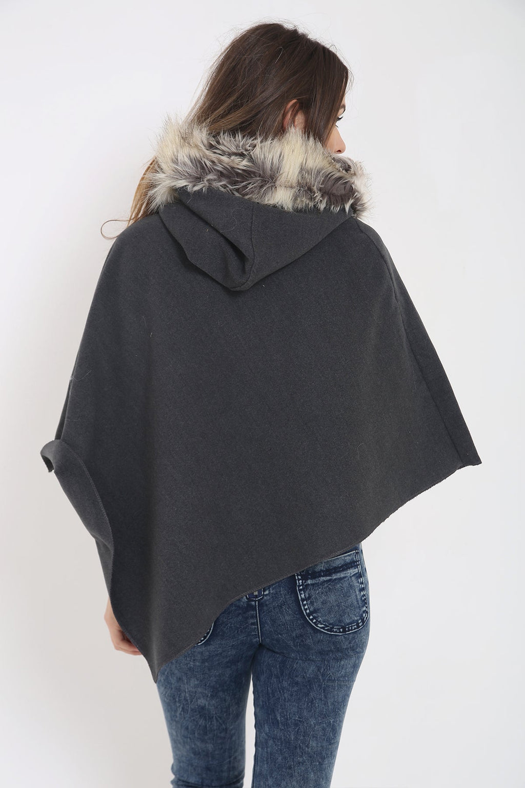 Floral Embroidered Faux Fur Hooded Poncho