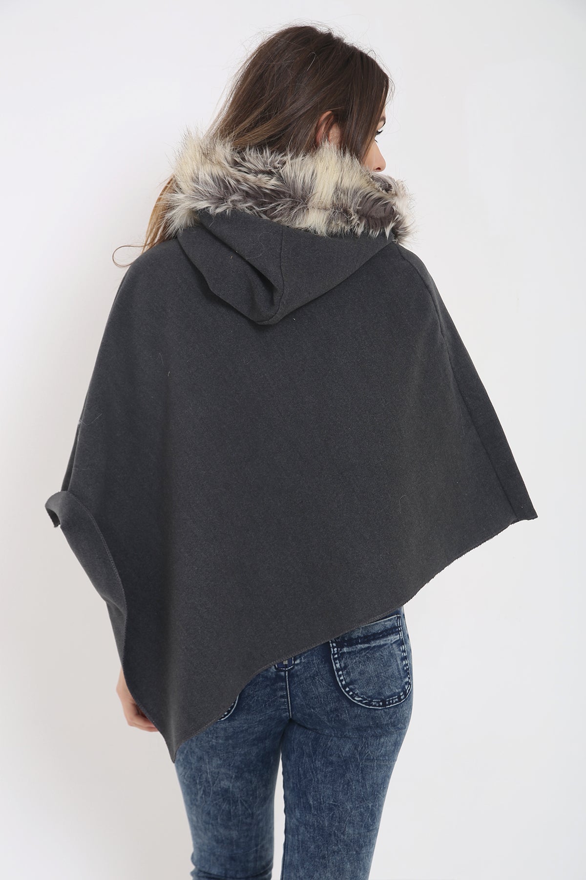Floral Embroidered Faux Fur Hooded Poncho