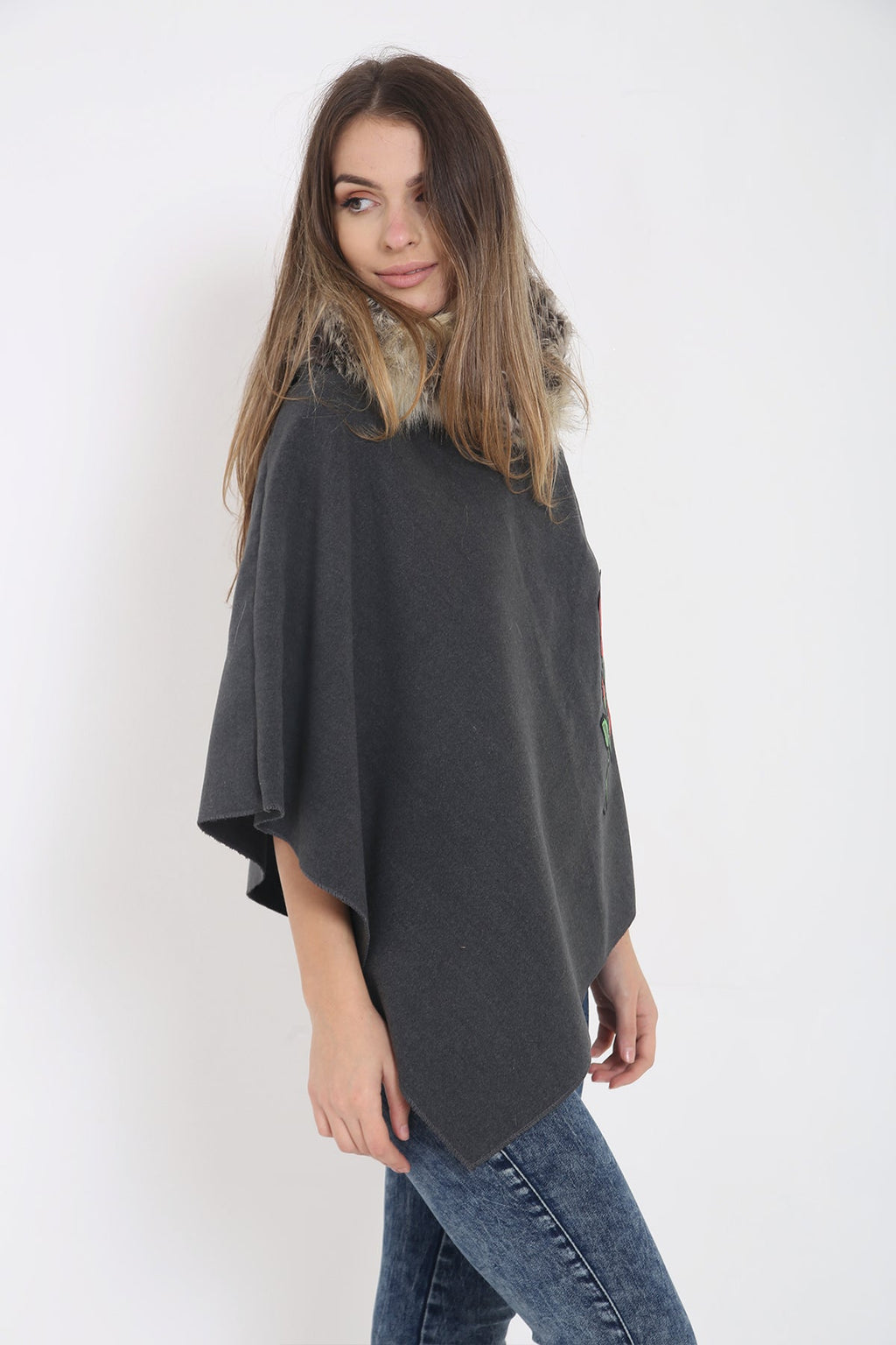 Floral Embroidered Faux Fur Hooded Poncho