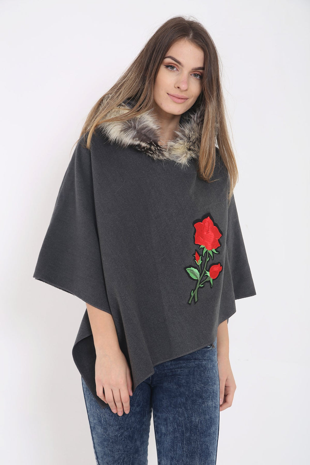 Floral Embroidered Faux Fur Hooded Poncho