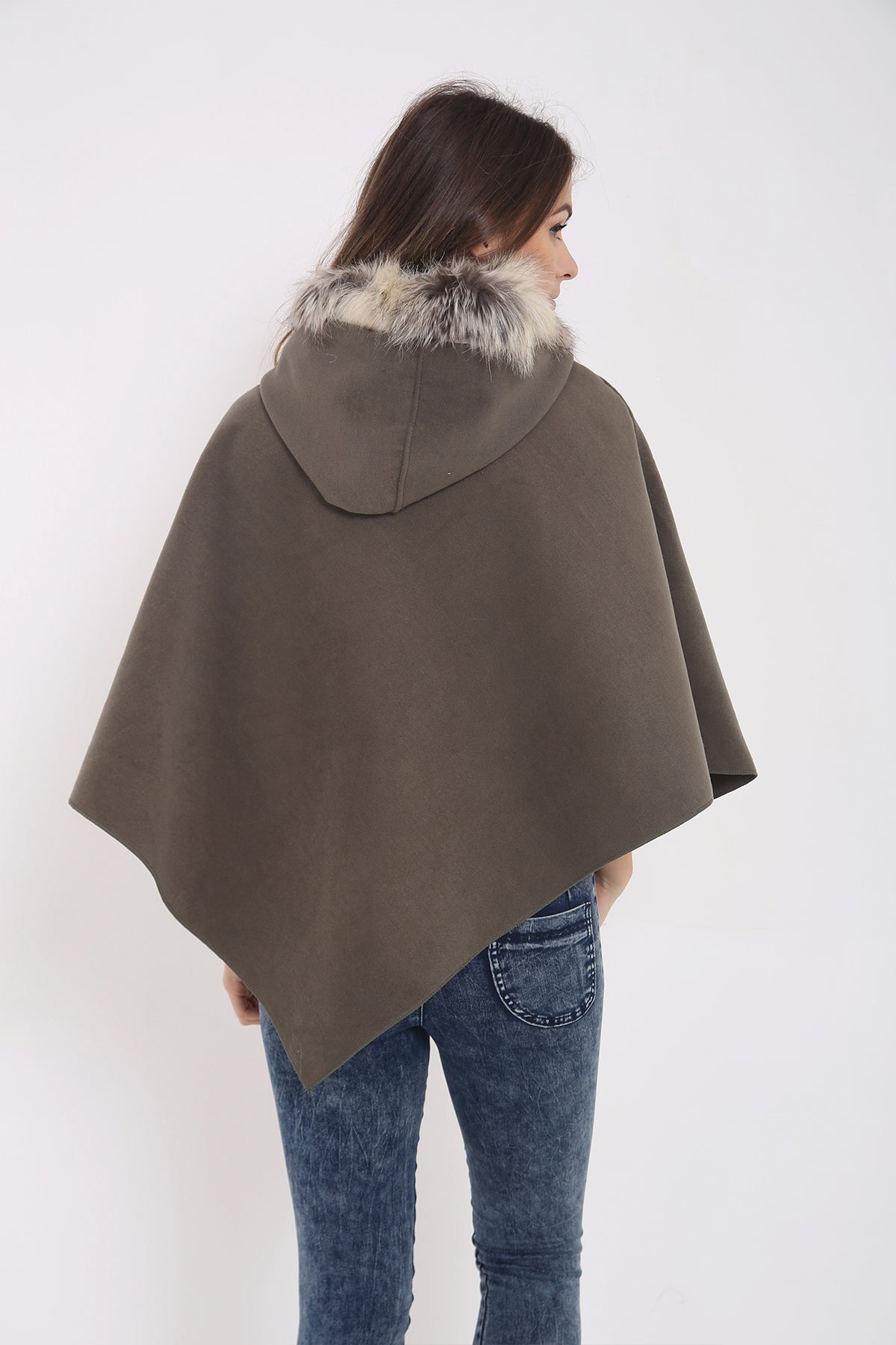 Floral Embroidered Faux Fur Hooded Poncho
