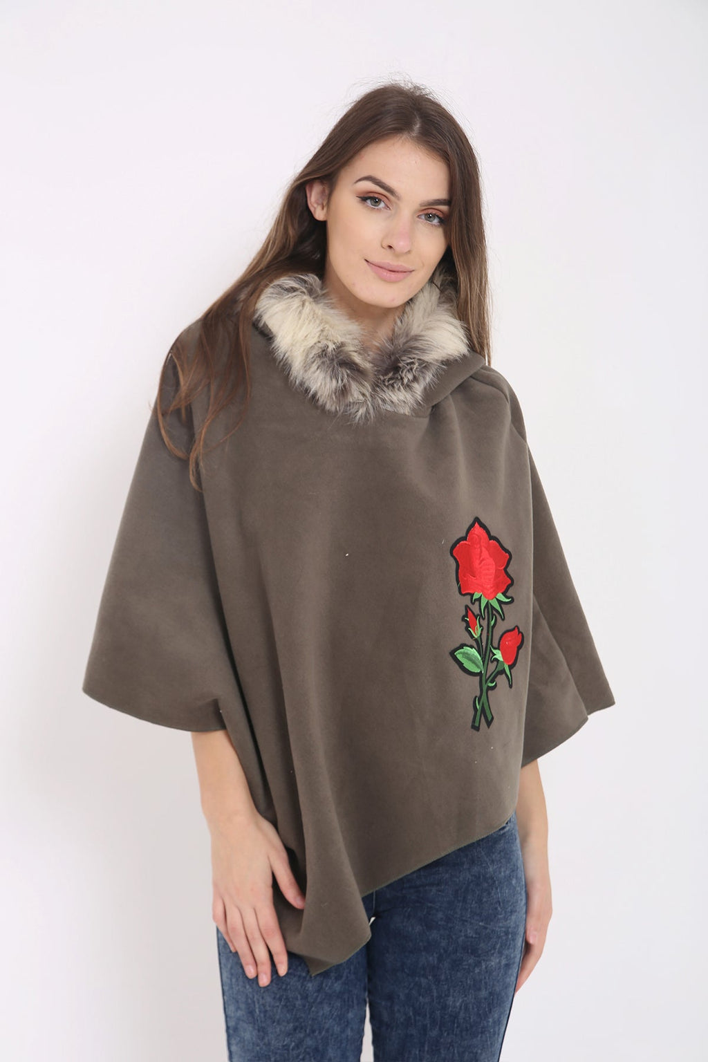 Floral Embroidered Faux Fur Hooded Poncho
