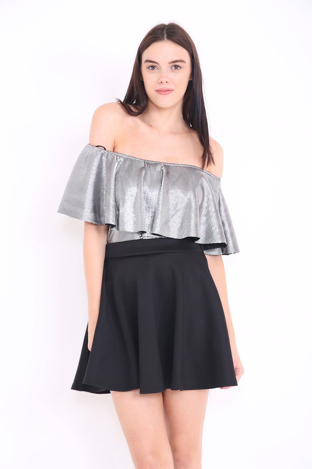 Metallic Foil Frill Bardot Bodysuit