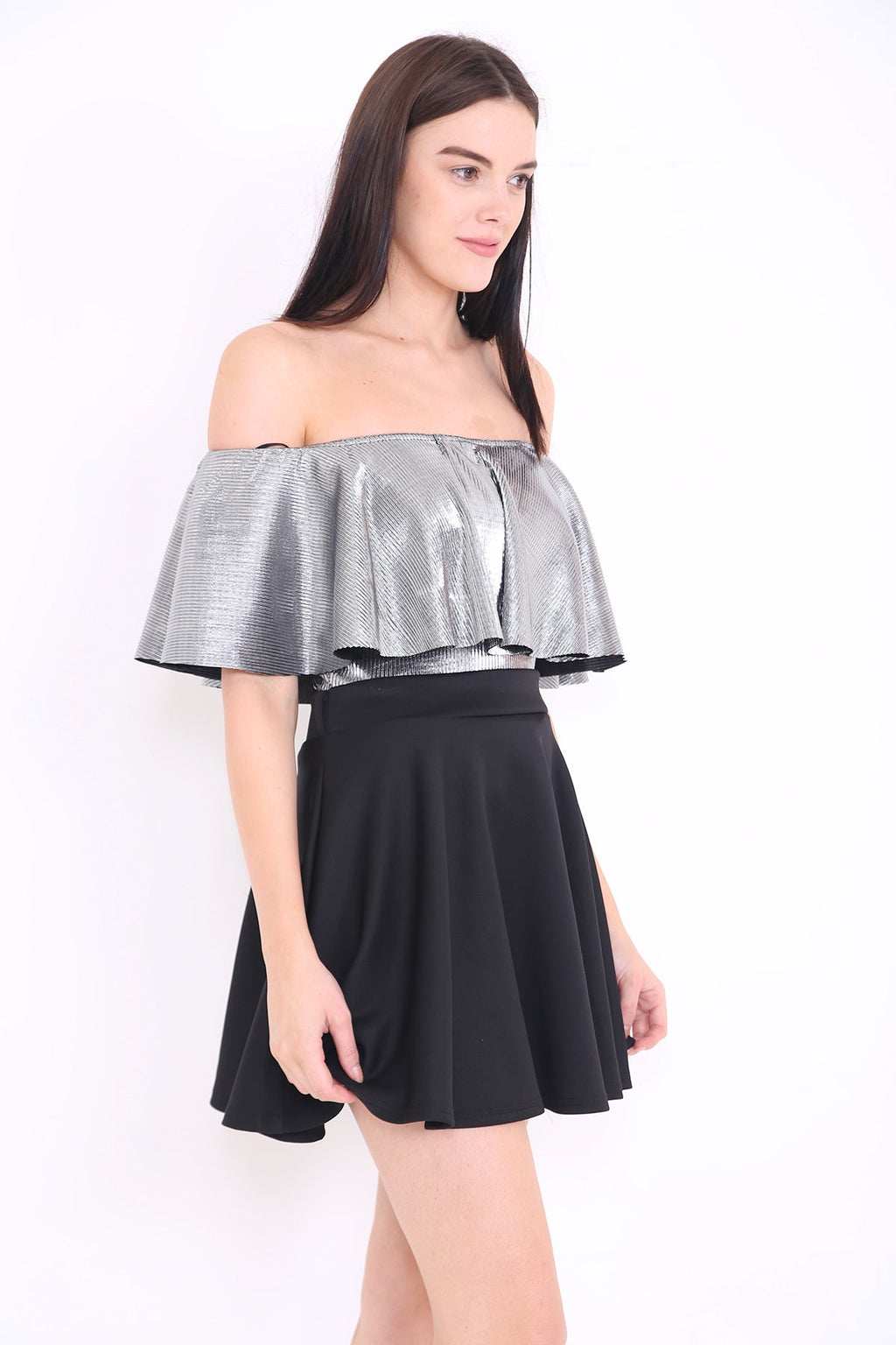 Metallic Foil Frill Bardot Bodysuit