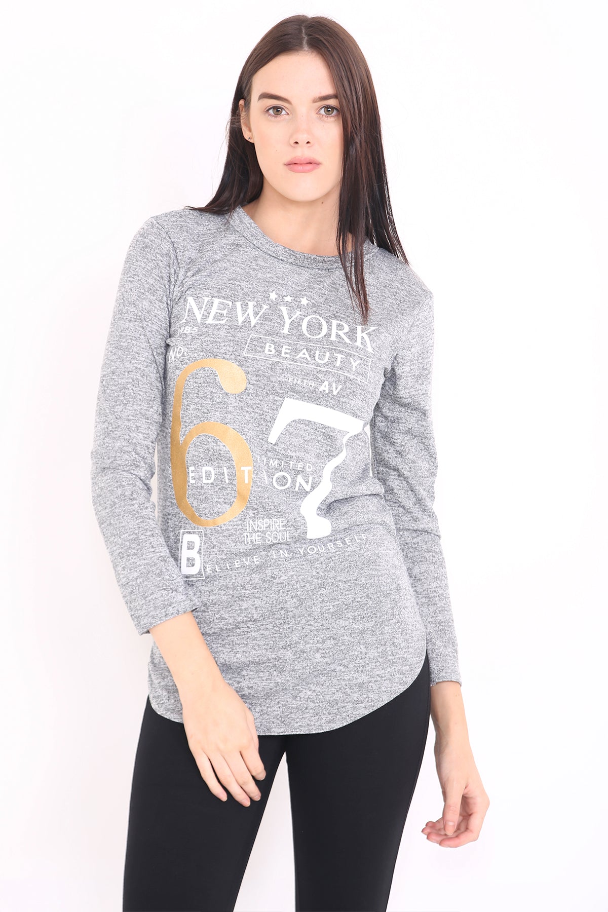 Melange Knit 67 Print Long Sleeve Top
