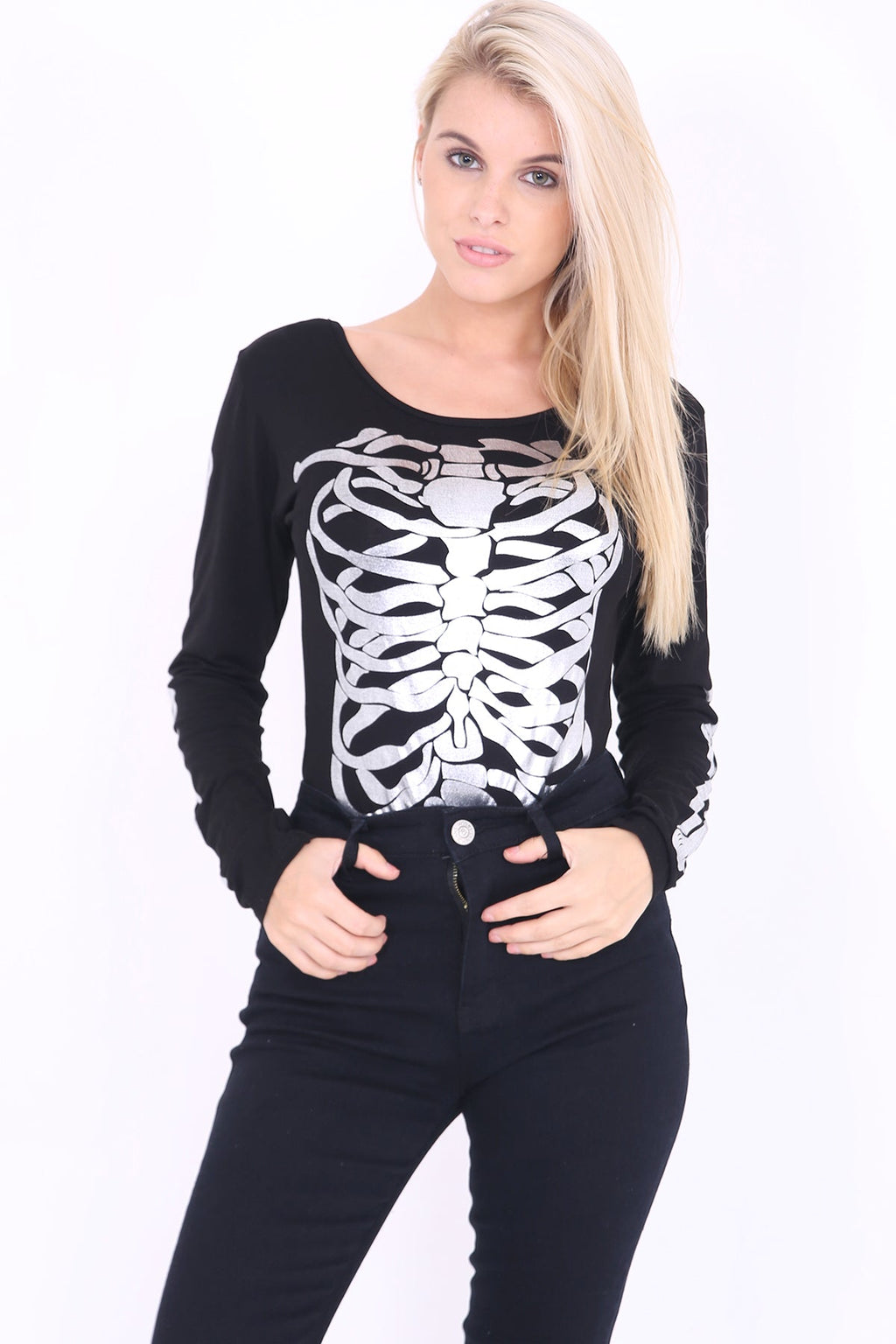 Foil Print Skeleton Halloween Bodysuit