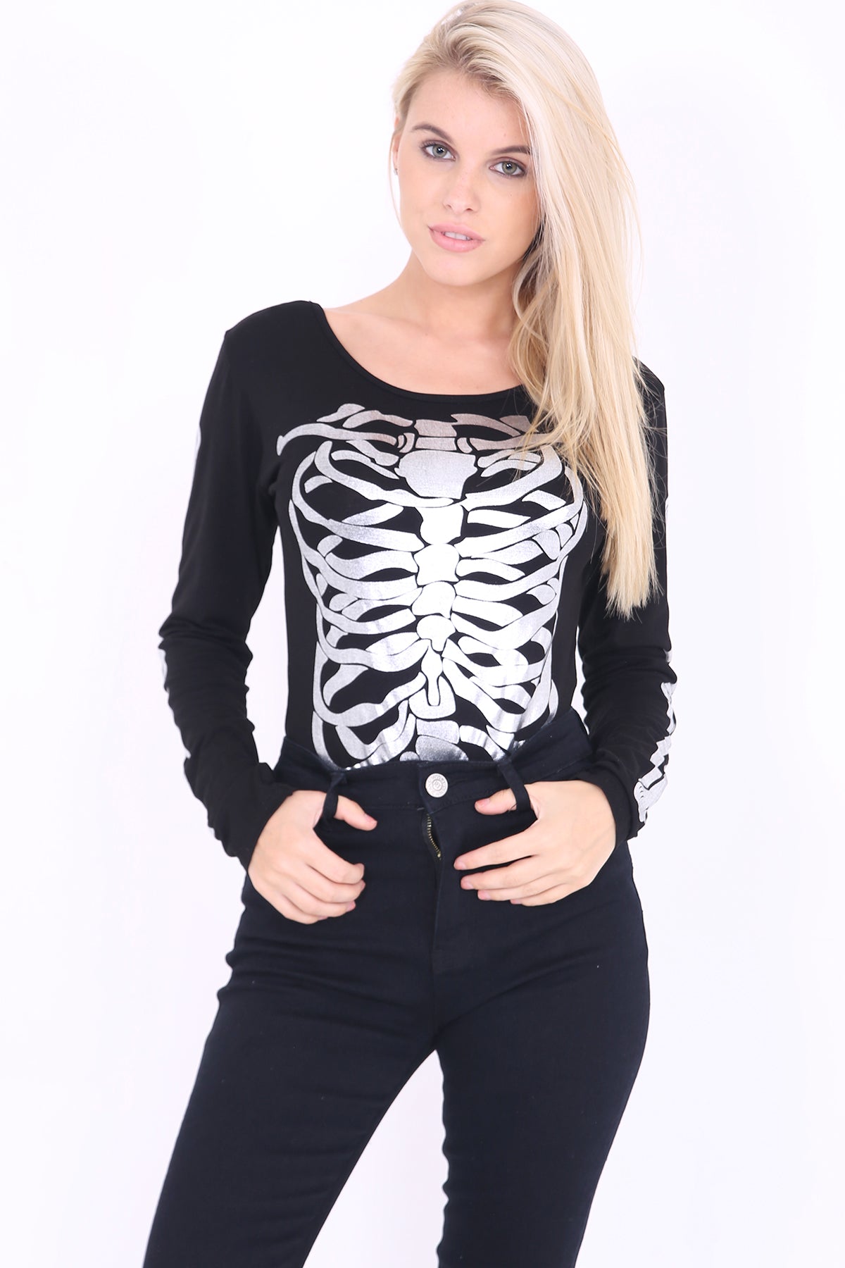 Foil Print Skeleton Halloween Bodysuit