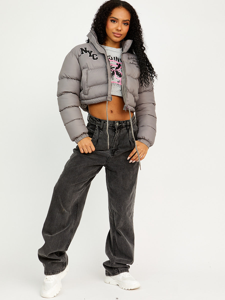 NYC Embroidered Cropped Puffer Jacket