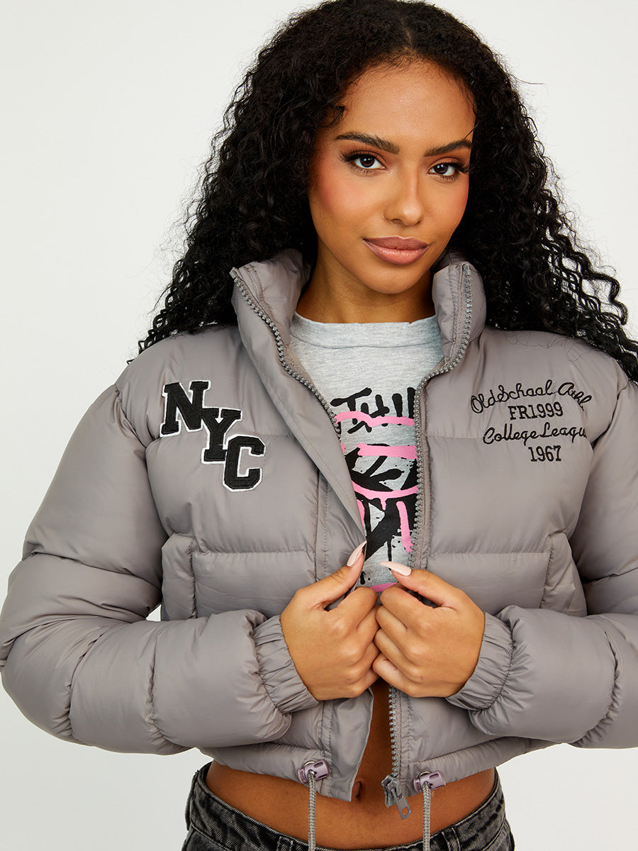 NYC Embroidered Cropped Puffer Jacket