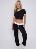 Contrast Trim Ribbed Crop Top & Wide Leg Trouser Co-ord