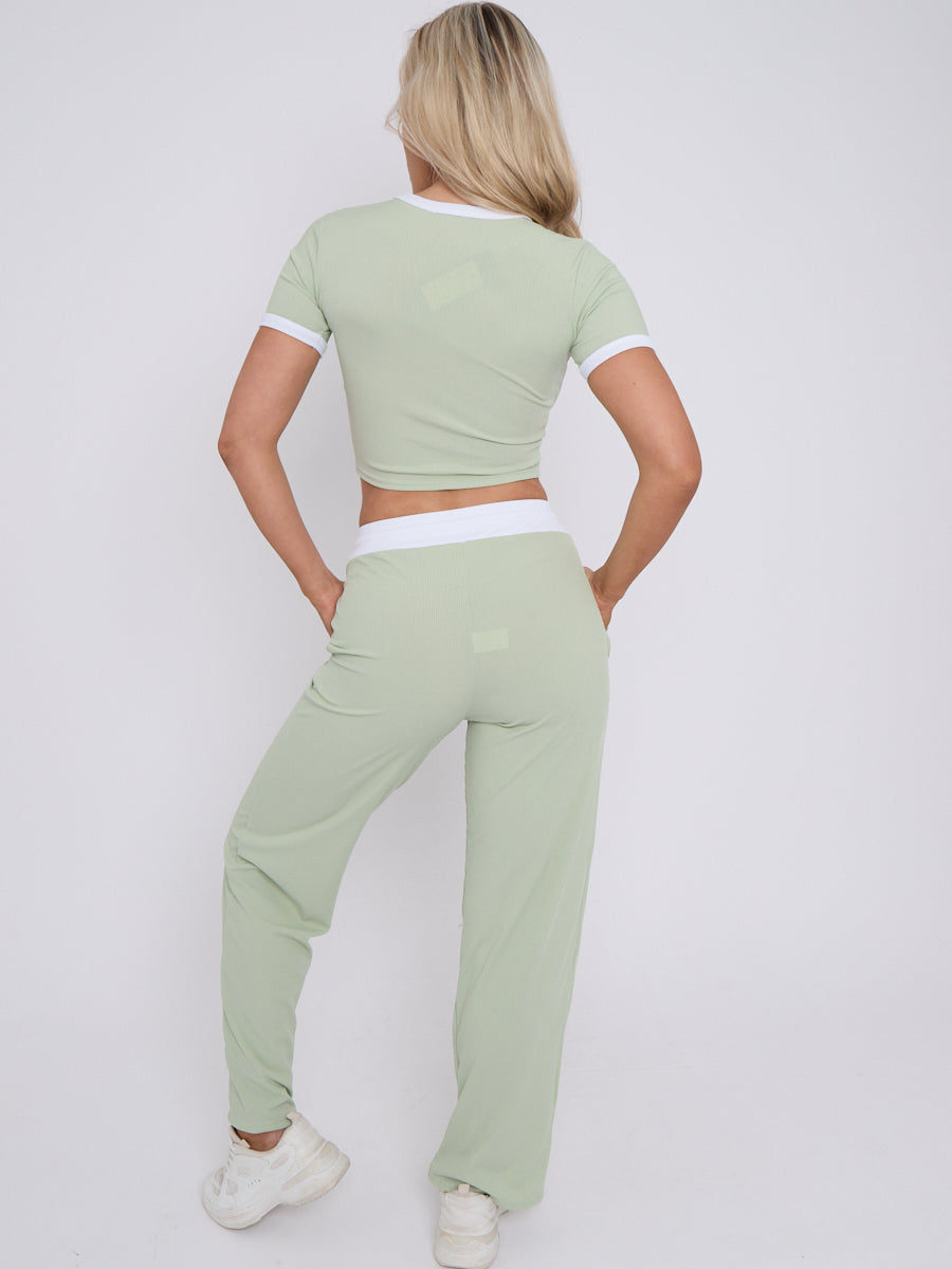 Contrast Trim Ribbed Crop Top & Wide Leg Trouser Co-ord