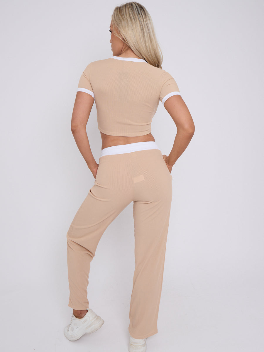 Contrast Trim Ribbed Crop Top & Wide Leg Trouser Co-ord