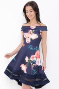 Botanic Floral Print Mesh Insert Bardot Skater Dress