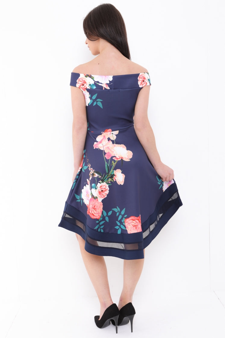 Botanic Floral Print Mesh Insert Bardot Skater Dress