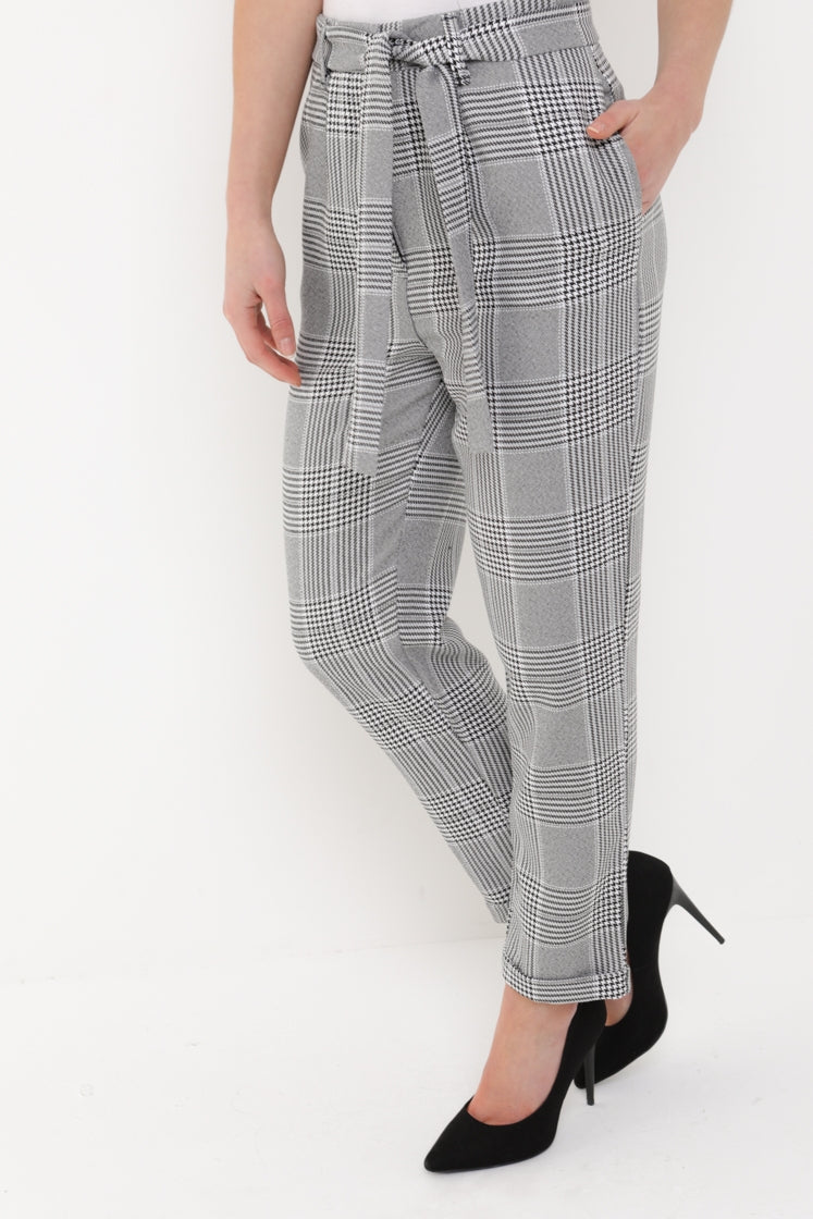 Tailored Check Trousers With Tie Waist