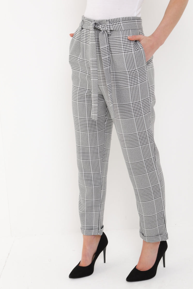 Tailored Check Trousers With Tie Waist