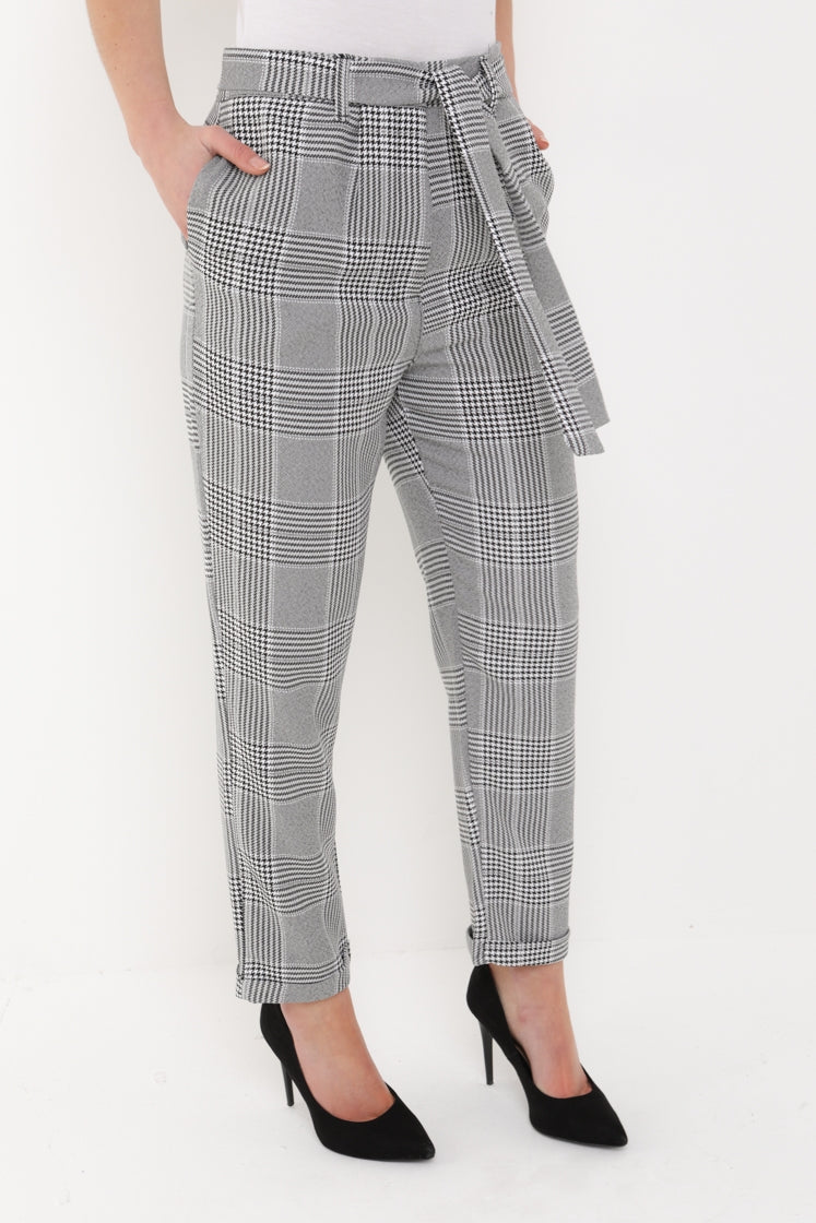 Tailored Check Trousers With Tie Waist
