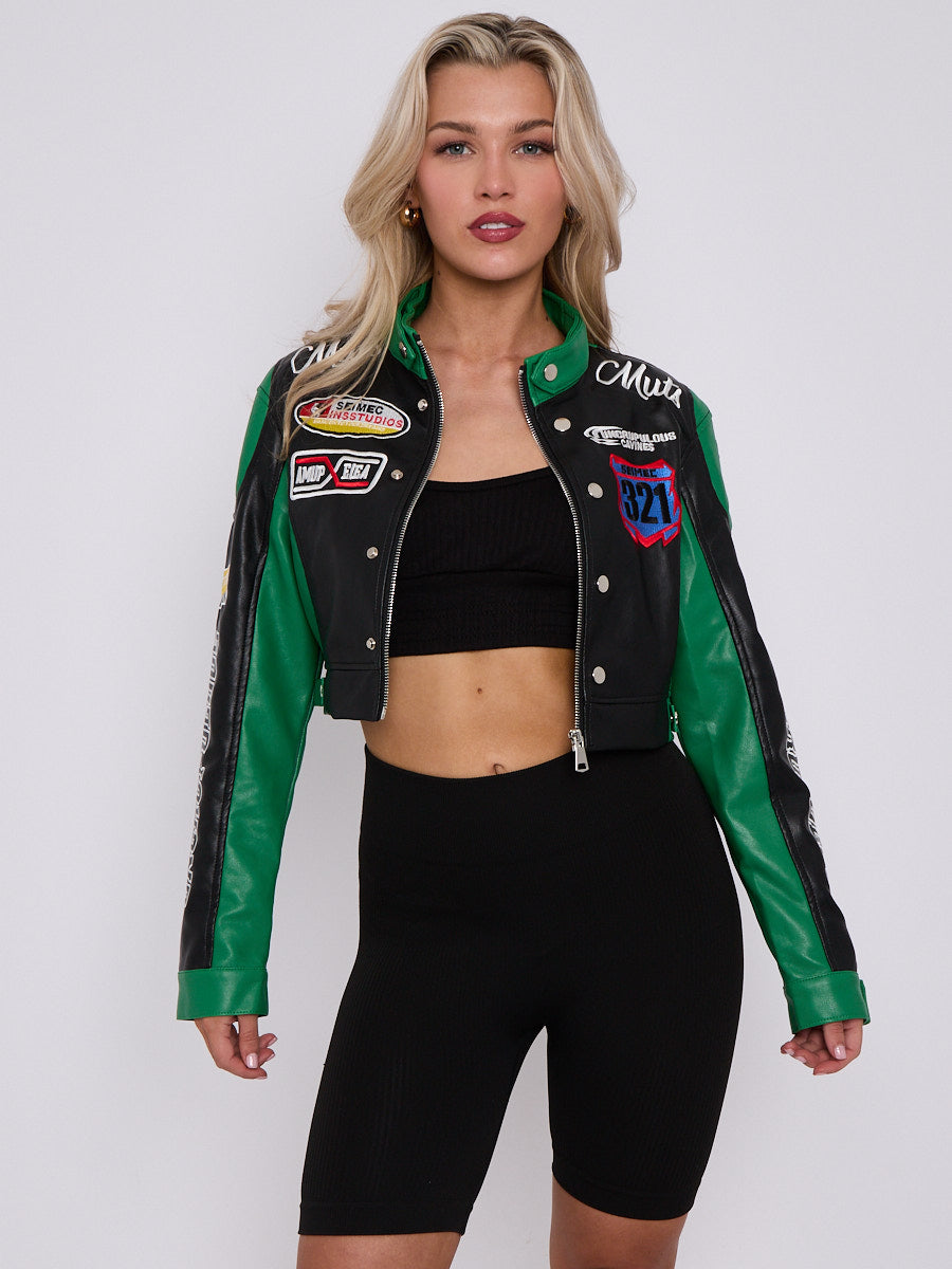 Colour Block Embroidered Vintage PU Biker Jacket