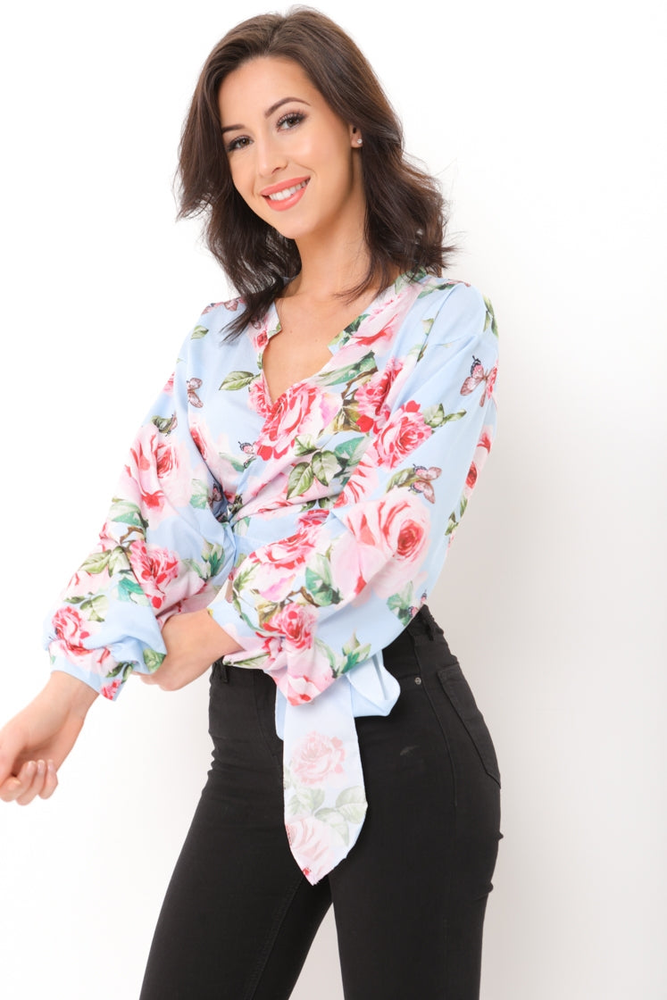Floral Print Tie Knot Wrap Top