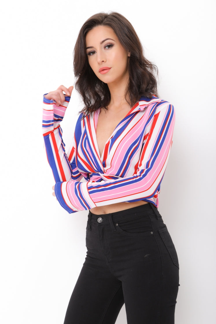 Twist Front Multi Striped Crop Top