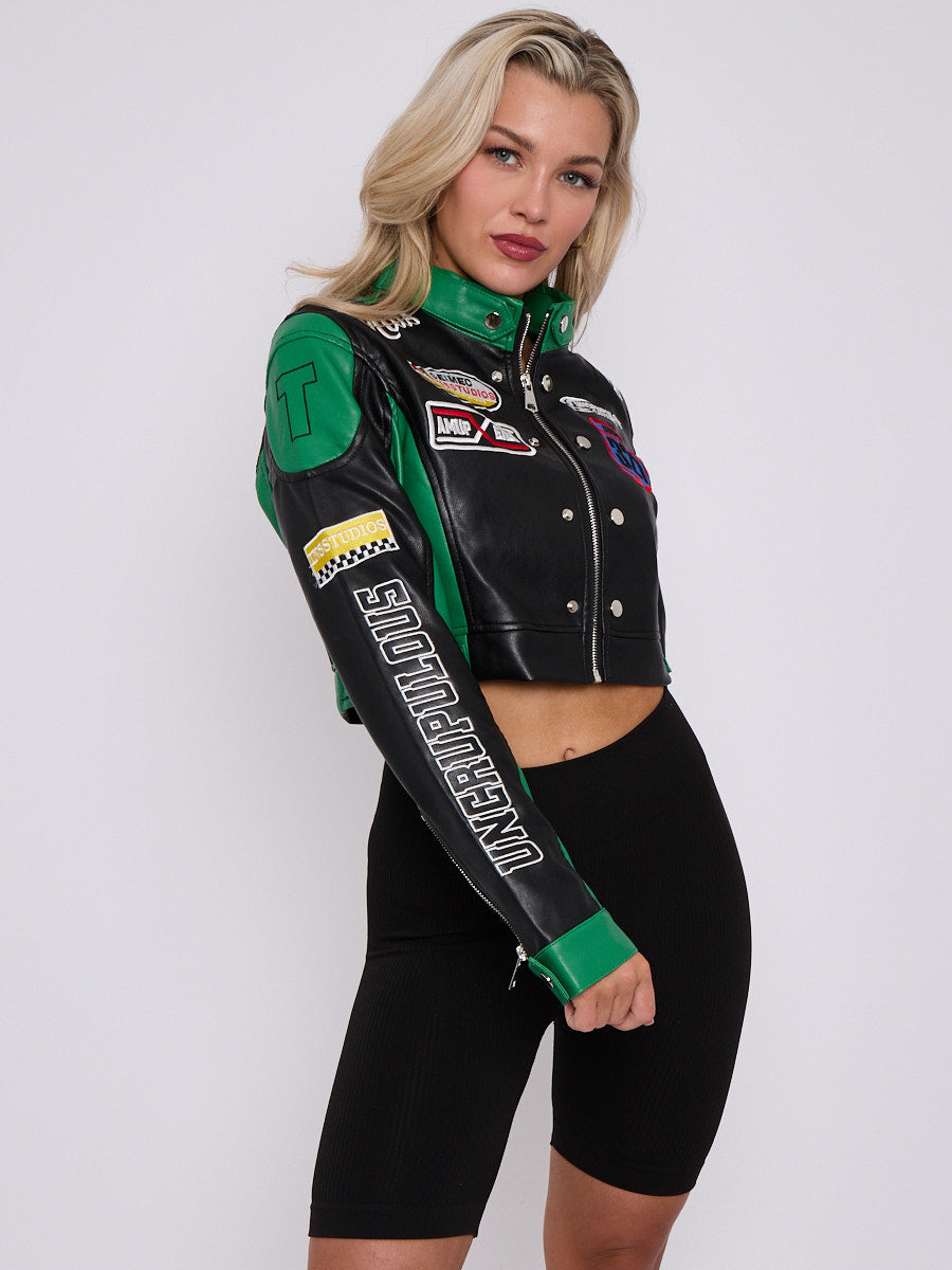 Colour Block Embroidered Vintage PU Biker Jacket