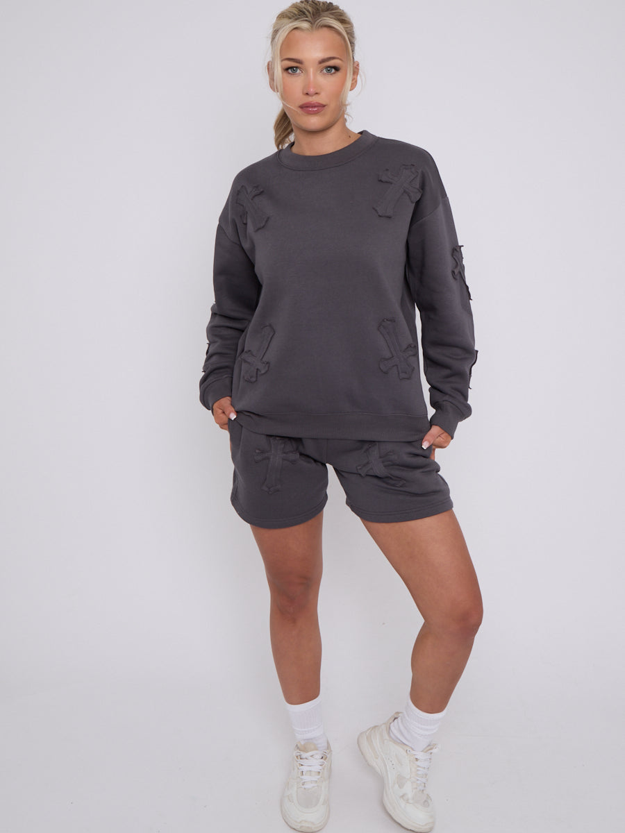 Crucifix Embroidered Sweatshirt & Shorts Fleece Co-ord