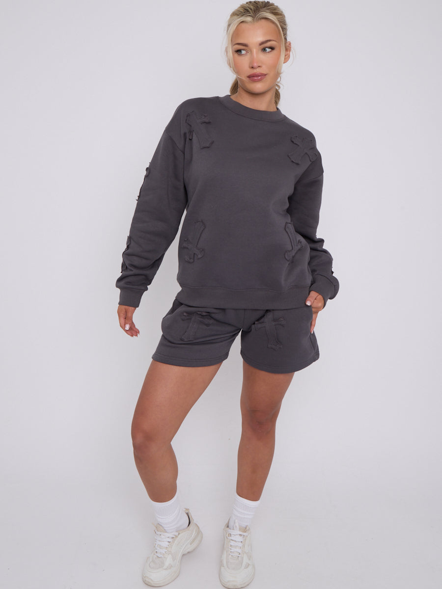 Crucifix Embroidered Sweatshirt & Shorts Fleece Co-ord
